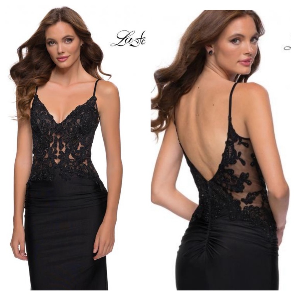 La Femme 29774 Black Lace Corset Prom Gown